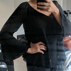 Black Sheer Long Bell Sleeve Work Top